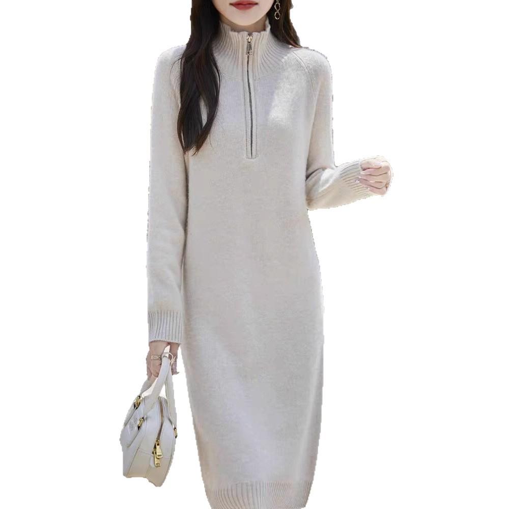 Gray Half-zipper Turtleneck Simple Knitted Primer Dress Autumn and Winter New Long Knee Sweater Skirt Women