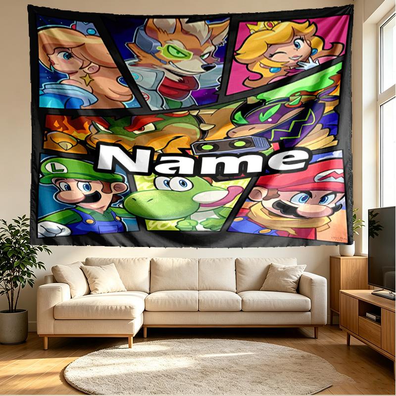 Custom Name Personalized Super Mario Print Tapestry, Wall Art Decor, Bedroom, Dorm, Apartment, LivingRoom, Party Backdrop, Gift for Birthday