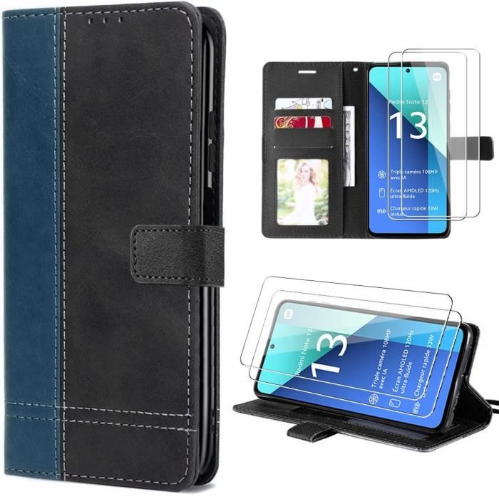 Coque + Verres TrempésPour Xiaomi Redmi Note 13 4G - Bicolore Effet Cuir - Fonction Porte-cartes - Bleu Marine
