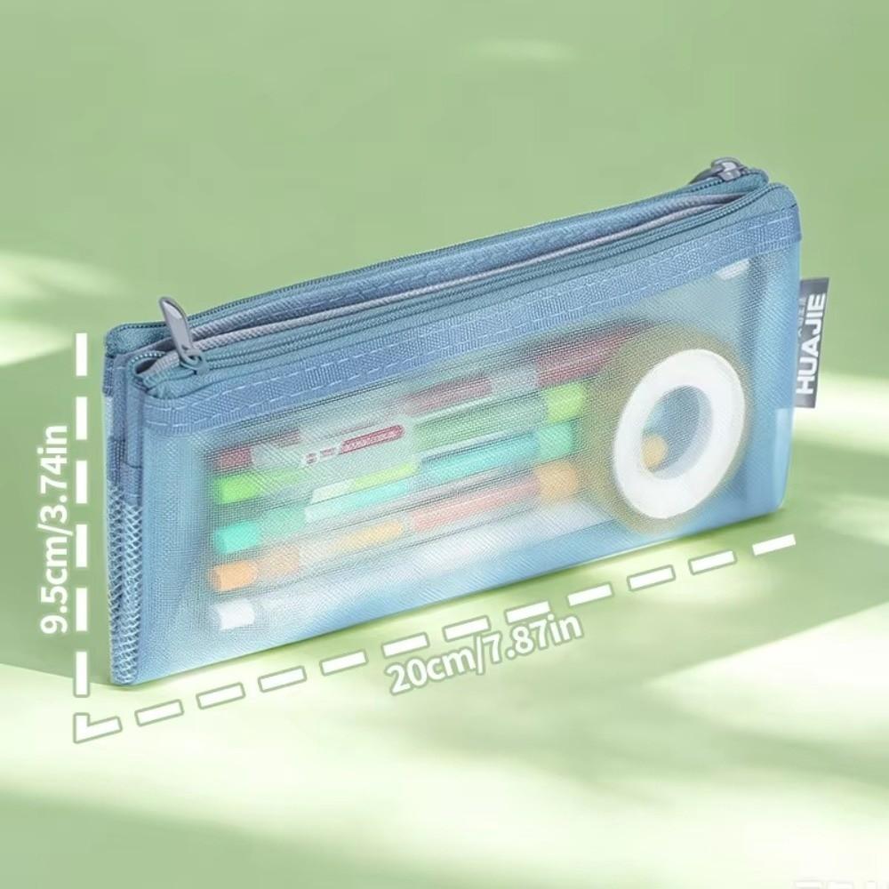 Snap Button Mesh Pencil Case Double Layer Pen Bag Portable Makeup Storage Bag School Supplies