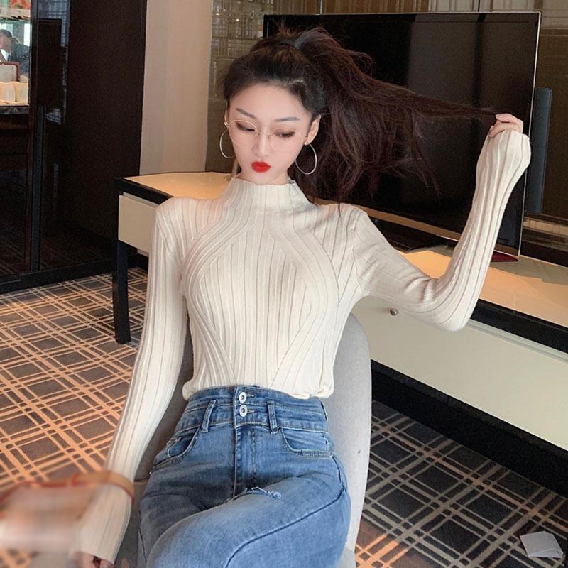 Женский свитер, повседневный, приталенный, полуводолазка, однотонный