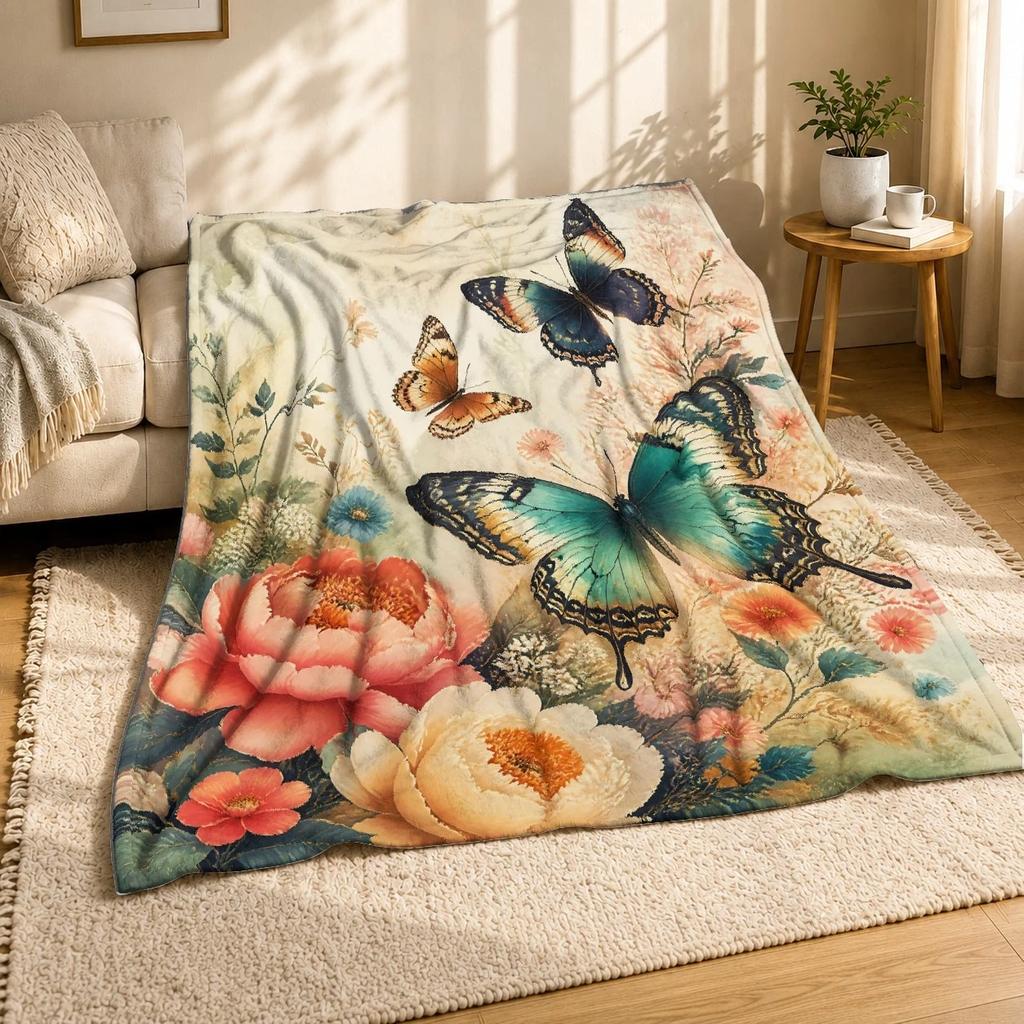 Butterflies And Peonies Coral Fleece Blanket Floral Nature Decor