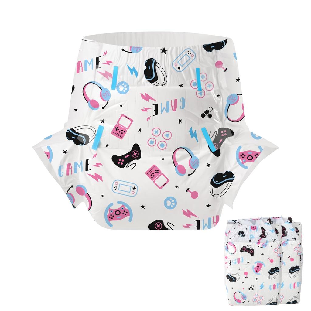 CutiePlusU Adult Diaper Set Unisex Incontinence Pants with Maximum Nighttime Absorbency Game Heaven (2-Pack), Labels, - (L 95-120cm)