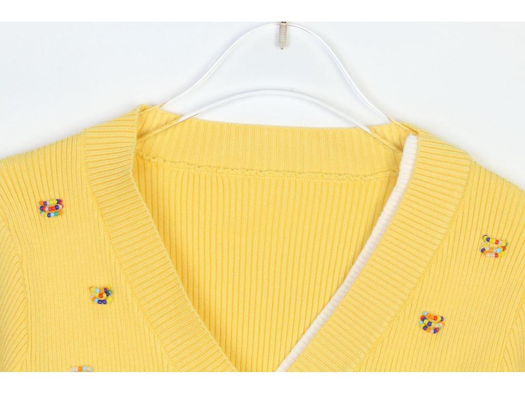 Женский французский ретро вязаный кардиган: V-образный вырез, Длинный рукав, Отделанный бисером, Имитация двойки, Короткий топ с цветными блоками