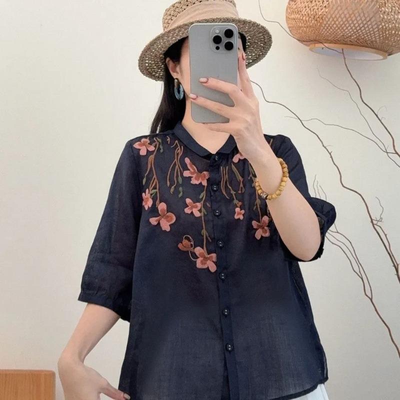 women floral embroidery linen shirt turn down collar three quarter sleeve button down casual blouse