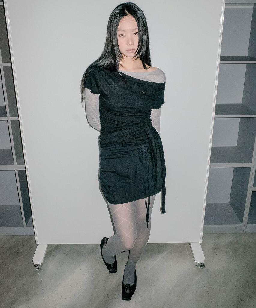 Chix String Draped Shirring Skirt Black