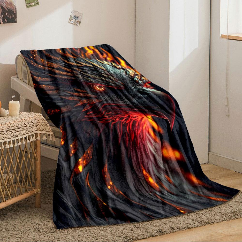 A fiery, phoenix-like bird with glowing feathers and intense, vivid eyes. for all seasons blanket lunch break throw gift