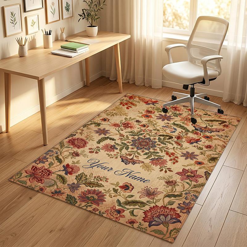 Floral Garden Theme Crystal Velvet Rug Personalized Custom Name Text Soft Floor Mat Home Decor