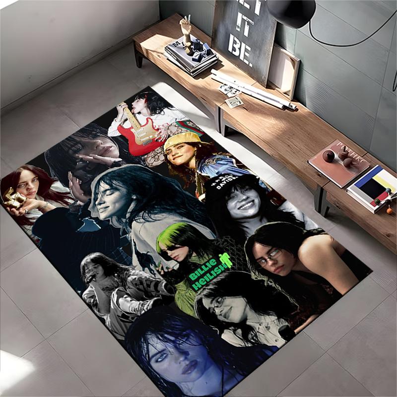 Pop Music Area Rug, Billie Eilish Collage Red Hair Green Hair Guitar Gold Statue Print, Teen Room Decor, Non-Slip Mat