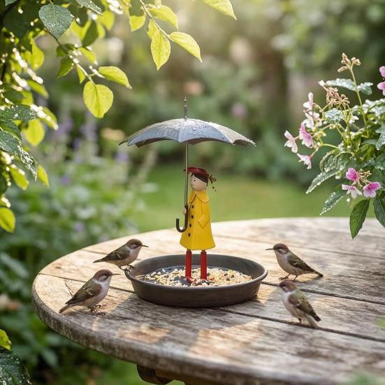 Umbrella Girl Bird Feeder Outdoor Decorative Hummingbird Feeder And Bird Bath Hanging Metal Platform Seeds Tray for Courtyard Balcony Garden