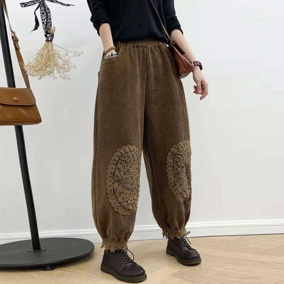 Women Corduroy Plus Plush Harem Pants Autumn Winter High Waist Baggy Trousers Warm Lined Vintage Trousers