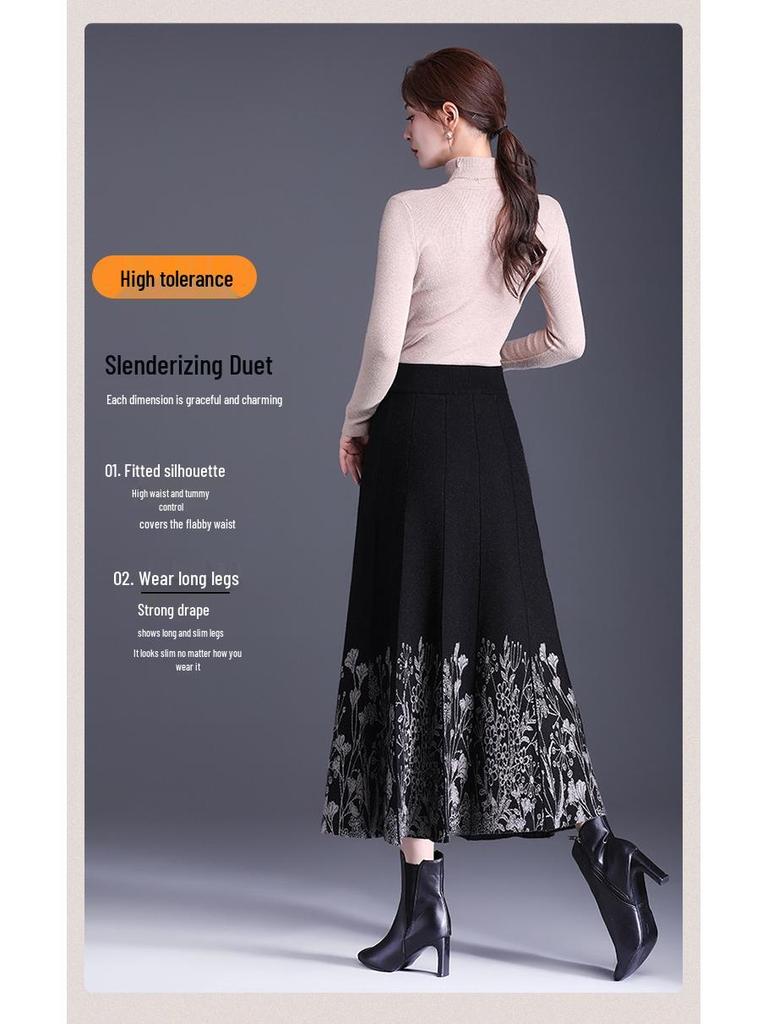 2025 Осень/Зима Цветочная Вязаная Шерстяная Юбка А-силуэта - Высокая Талия, Эластичная, Плотная Длинная Расклешенная Юбка