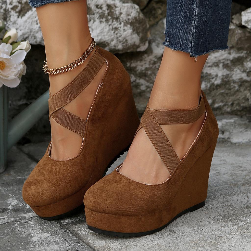 Модная женская обувь Флок Пряжка Бант Ремешок на щиколотке Высокий каблук Сексуальная платформа Клинья Женские туфли-лодочки Красная свадебная обувь Zapatillas De Deporte