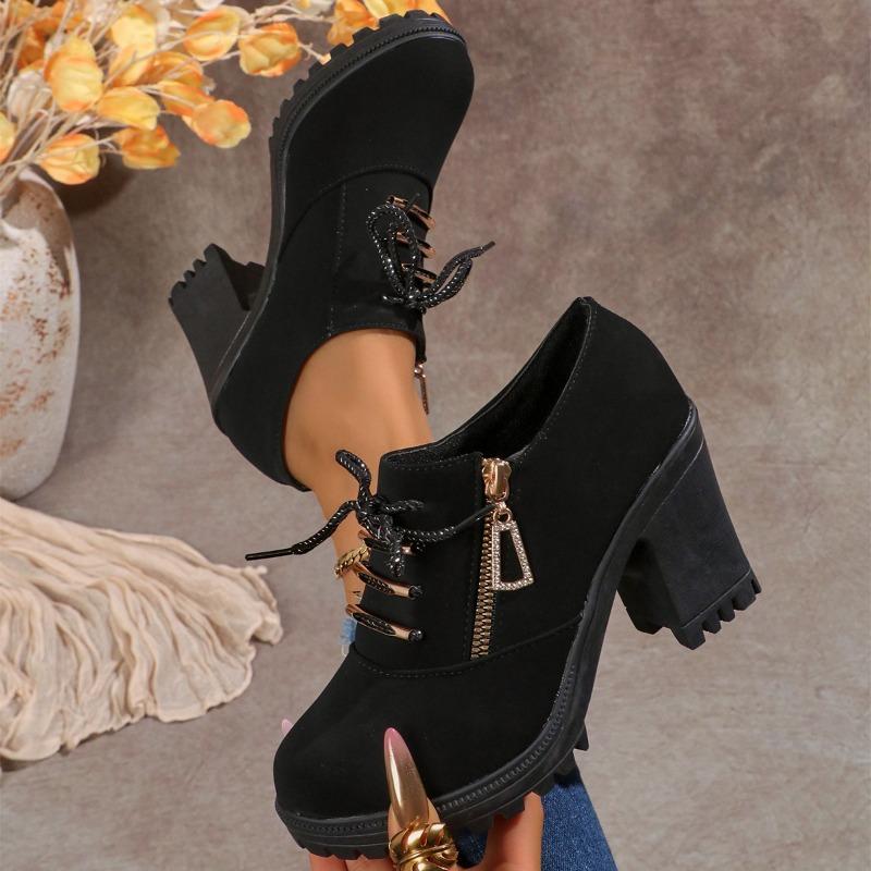 High Heel Low Top Fall New Round Metal Buckle Front Lace-Up Side Zip Non-Slip Platform Block Heel Boots