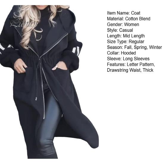 Женское зимнее пальто с капюшоном и боковыми карманами, лоскутное трикотажное пальто с рукавами, узором из букв, свободное, средней длины, с завязками на талии, однотонное пальто