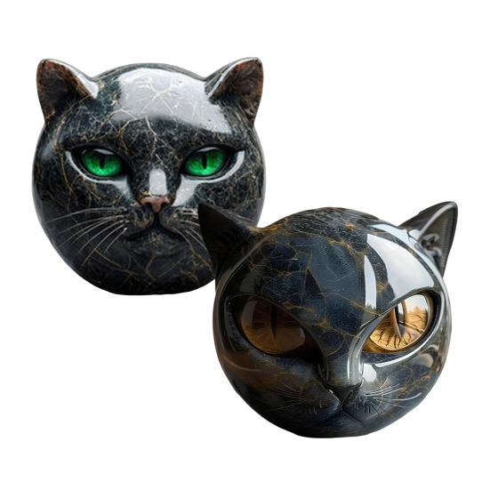 Черный Кот Камень Мраморная Текстура Скульптура Головы Кота Ручная Резьба Целебные Камни Памятный Подарок для Любителей Кошек Женщин Мужчин