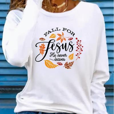 Топы для женщин с принтом в виде листьев и букв, с круглым вырезом и длинным рукавом, осенняя повседневная тонкая кофта-пуловер, женский топ с длинным рукавом