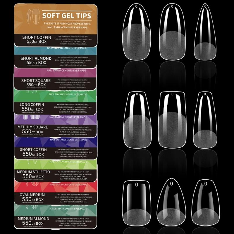 Средние миндалевидные гелевые типсы для ногтей 550 шт. Предварительно матированные прозрачные накладные ногти для профессионального и начинающего использования