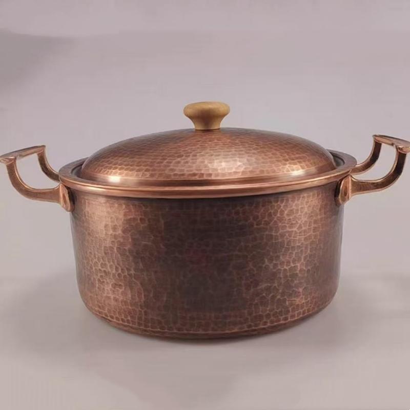 Винтажный Медный Котелок, Толстый Котелок для Кемпинга с Крышкой, Кухонная Утварь для Медленного Кипячения Пасты, Тушения Рагу, Ручной Работы Котелок с Чеканной Текстурой