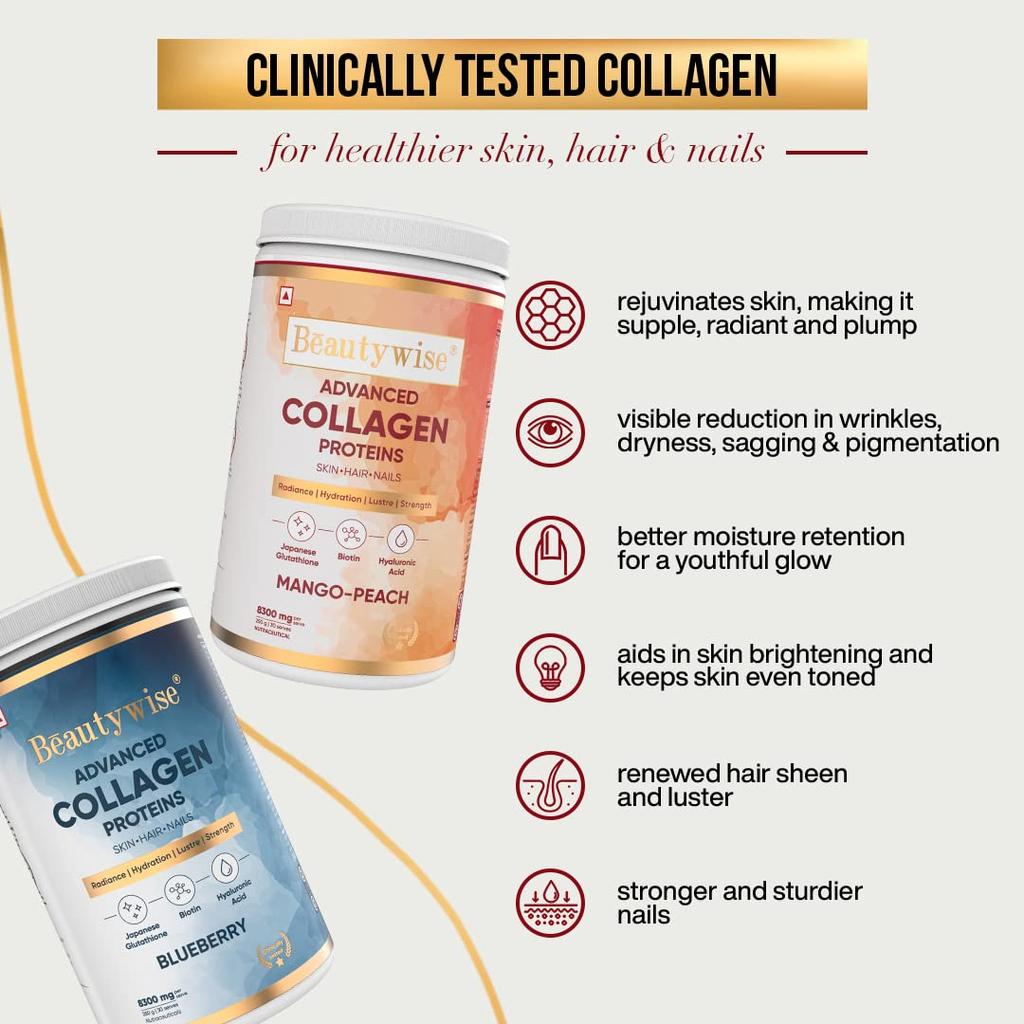 Beautywise Advanced Marine Collagen Proteins Powder с гиалуроновой кислотой, глутатионом и биотином | Без запаха и легко смешивается 250 г(Манго-Персик Упаковка 1 шт.)