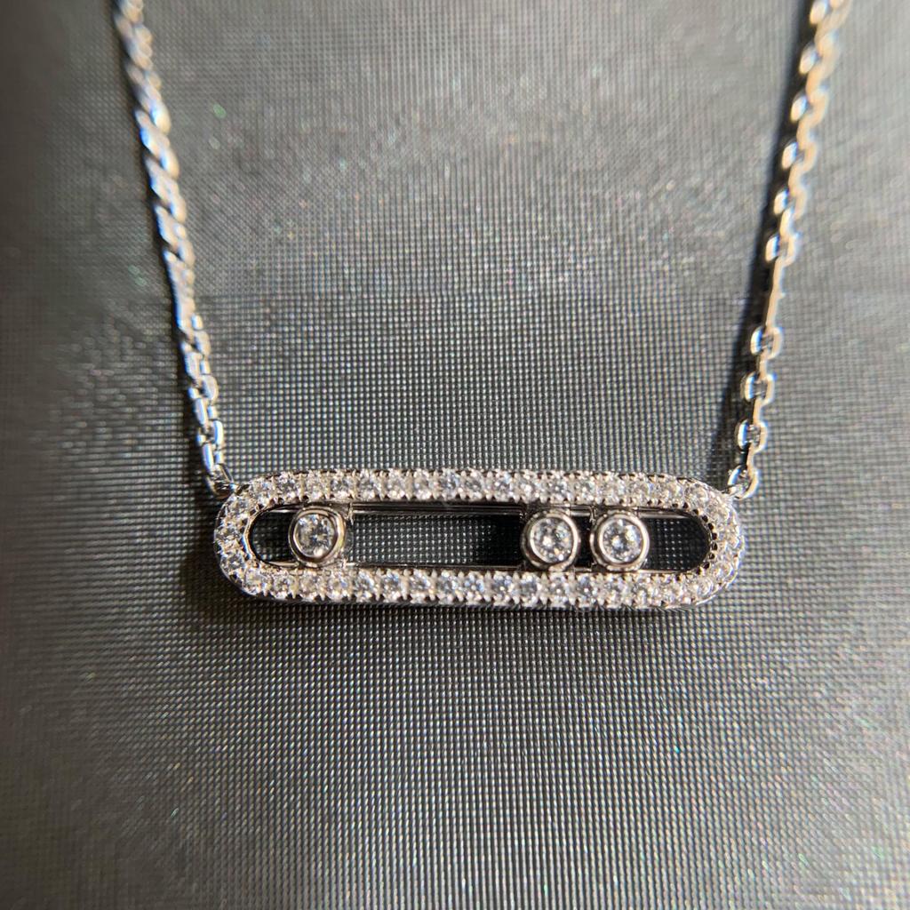 European-Style Gold-Plated S925 Silver Diamond Paperclip Necklace with Three Movable Beads