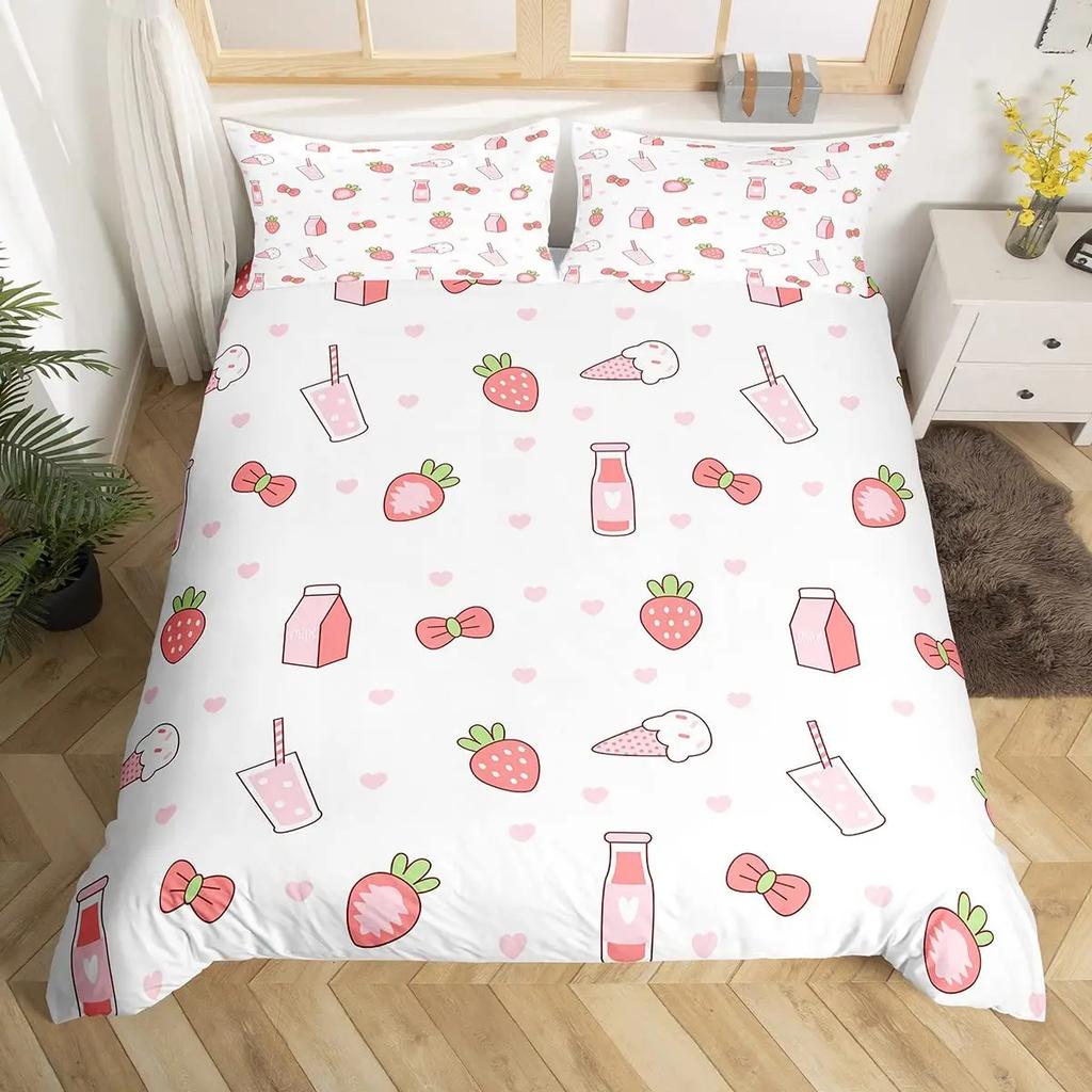 Strawberry Duvet Cover SetRed Strawberry Bedding Set For Girls Cute Black White Geometric Plaid Grid Comforter Cover Full Size