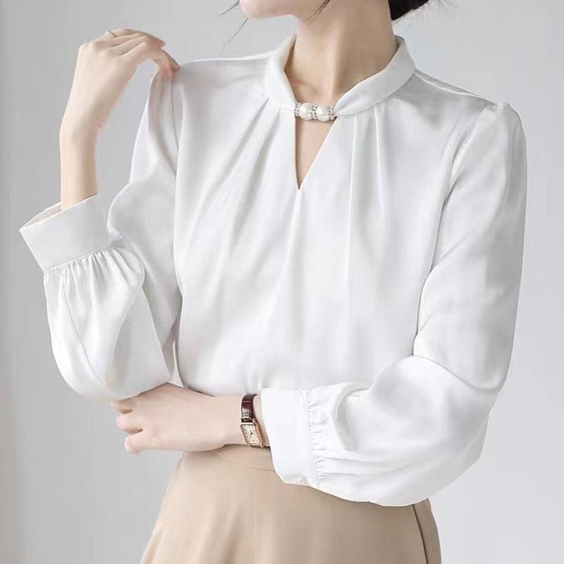 Женские блузки, рубашки, весна 2025, женская блузка с длинным рукавом, рубашка с круглым вырезом, белая шифоновая блузка, рубашка, женские топы J855