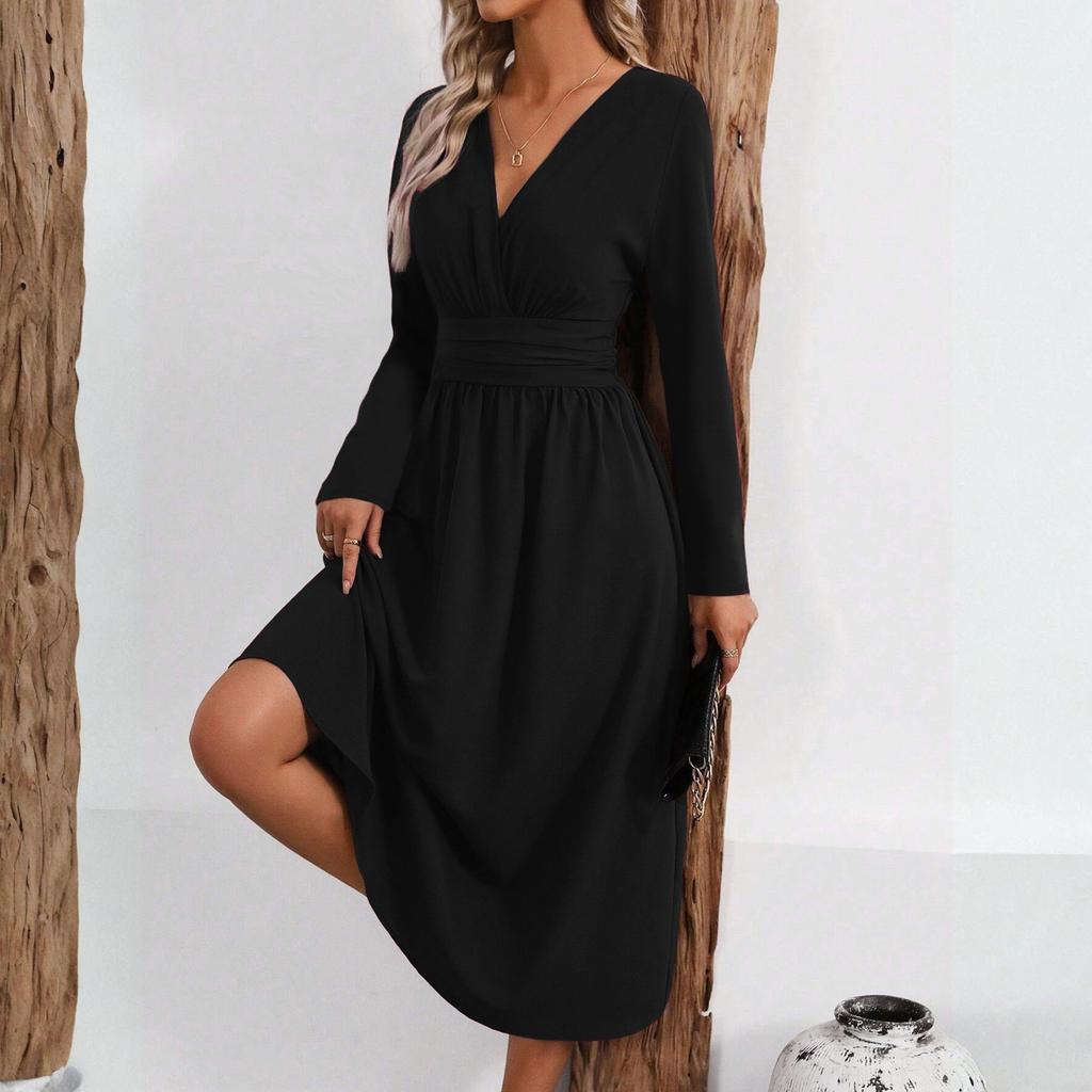 Женское модное однотонное платье с V-образным вырезом, длинными рукавами и плиссировкой