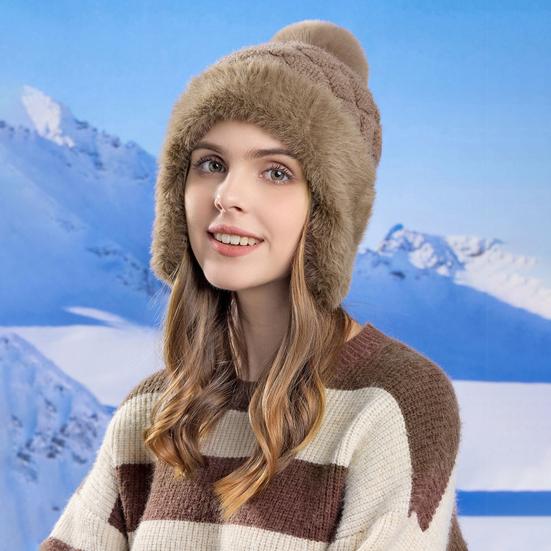 Женская зимняя шапка с ушами, толстая плюшевая шапка с помпоном, защищающая уши, трикотажная, сохраняющая тепло, эластичная, для холодной погоды, уличный головной убор