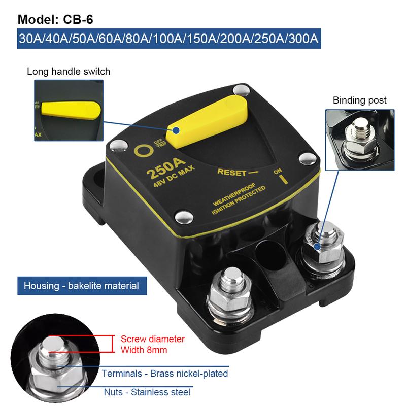 30A 40A 50A 60A 80A 100A 150A 200A 250A 300A Circuit Breaker Car Boat Auto Manual Reset Waterproof 12V-48V