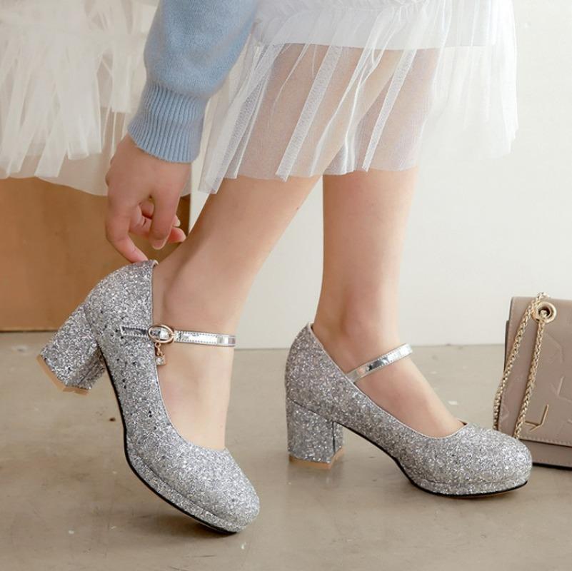 Women Glitter Golden Pumps Chunky Block Heels Platform Mary Jane Sequined Silver Shoes Woman Wedding Party 43