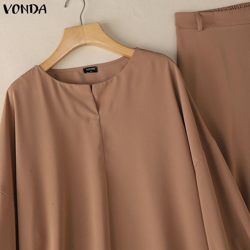 VONDA Элегантные женские наряды Блузка с пышными рукавами и брюки на молнии Повседневные комплекты из двух предметов