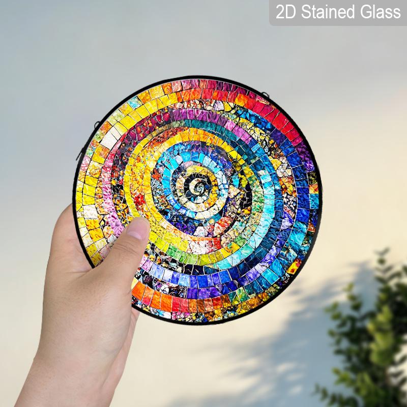 2D Flat Stained Glass Rainbow Spiral Window Decoration, 6.3/7.87inches Colored Glass Plate with Chain, Charming Indoor/Outdoor Sun Catcher Home