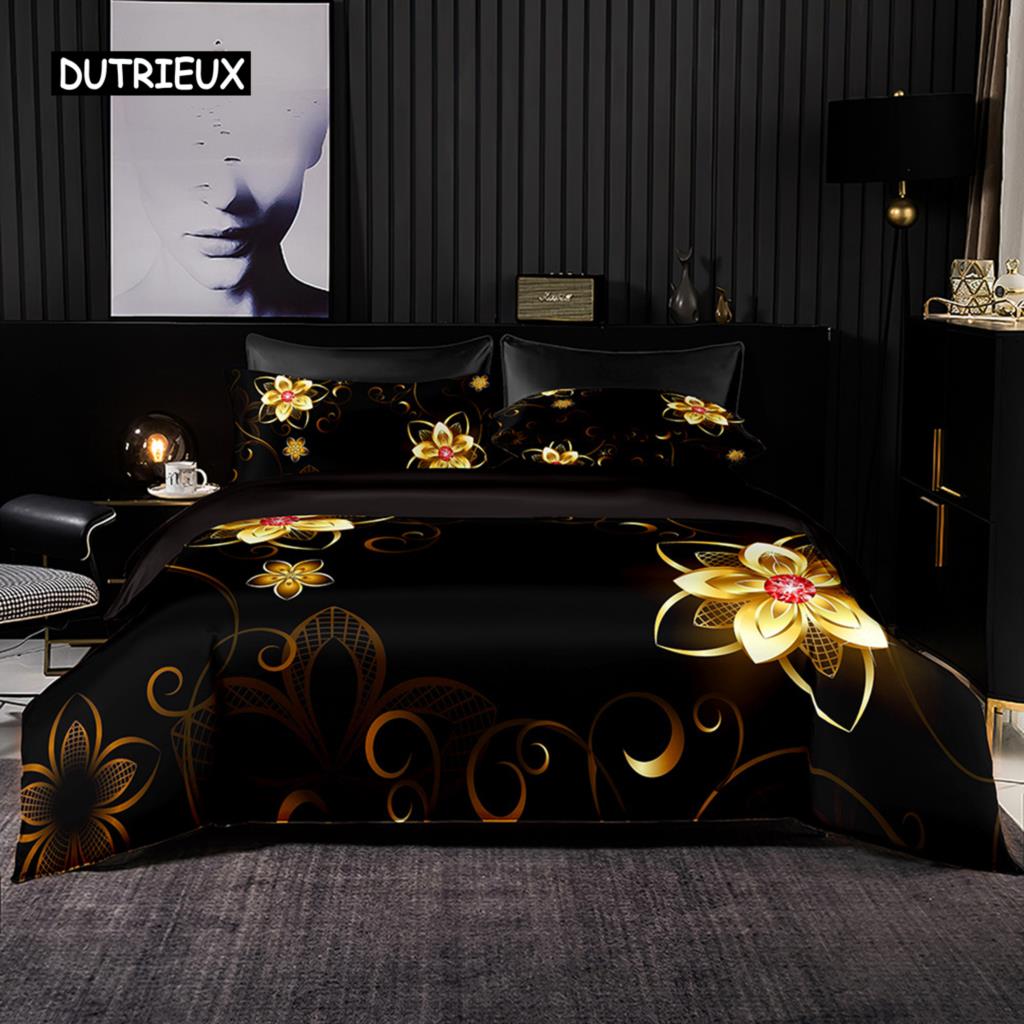 Textured Black Gold Floral Duvet Cover Set with Pillowcases Premium Bedding for Adults Men Women Gifts Bedroom Decoration