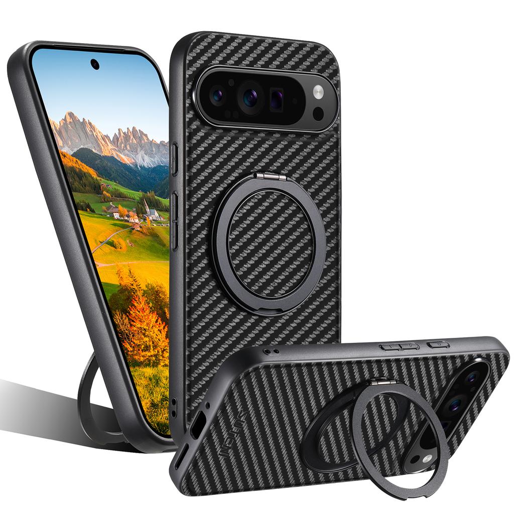 SUTENI G3 For Google Pixel 10/10 Pro Magnetic Case 360 Degree Rotating Kickstand Carbon Fiber Texture PU Phone Back Cover