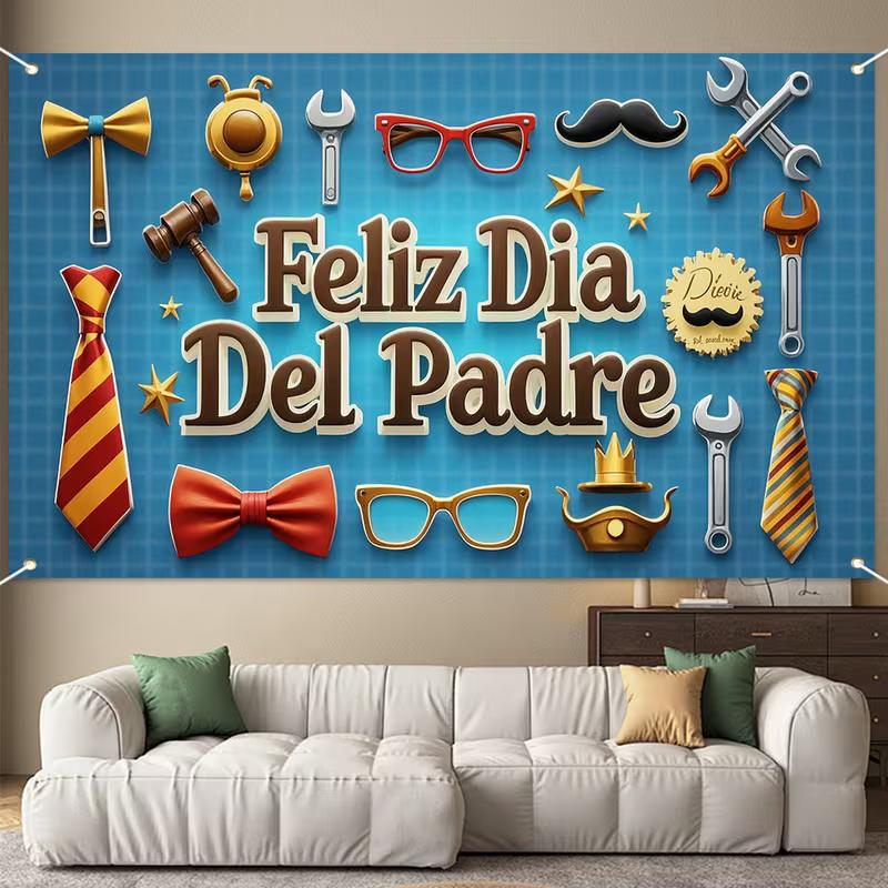 Мужской гобелен ко Дню отца, синий «Feliz Dia Del Padre» с инструментами, галстуками и аксессуарами, Праздничное настенное искусство для вечеринки