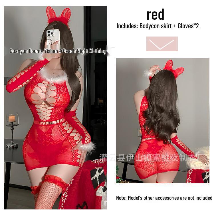Sexy Red Mesh Cutout Dress Lingerie for Romantic Holidays
