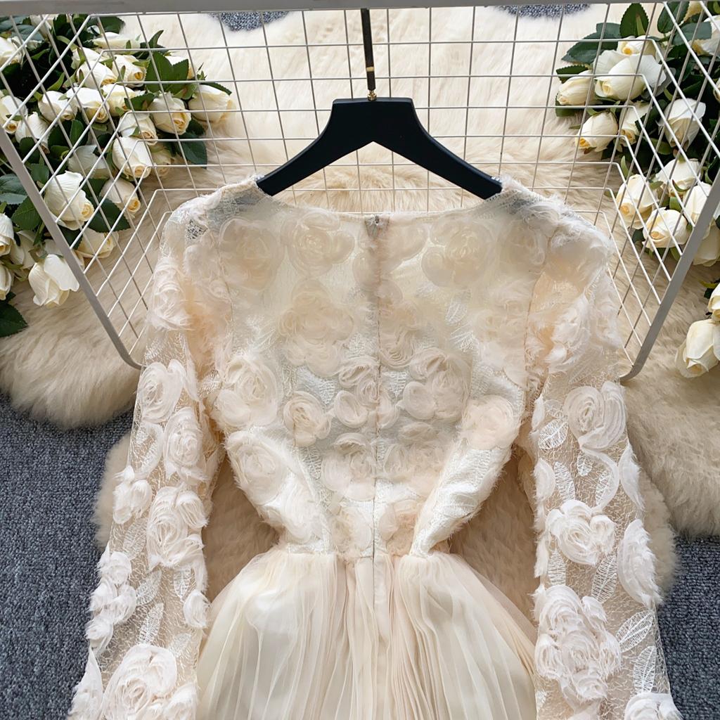 Весна Лето Женские Элегантные 3D Цветочные Расклешенные Рукава Принцесса Вечерние Сетчатые Плиссированные Платья