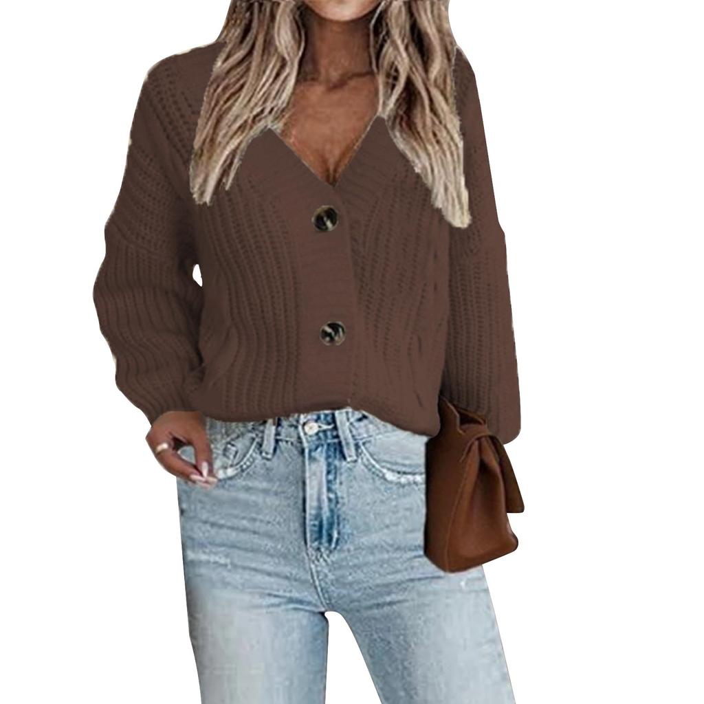 Женская мода V-образный вырез трикотажный витой кардиган европейский и американский однобортный трикотажный кардиган свитер куртка женская
