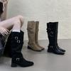 Осень-Зима 2025 Западные Узкие Длинные Рыцарские Сапоги Хаки Высокий Каблук Замшевый Ворс Полусапоги Женские Сапоги