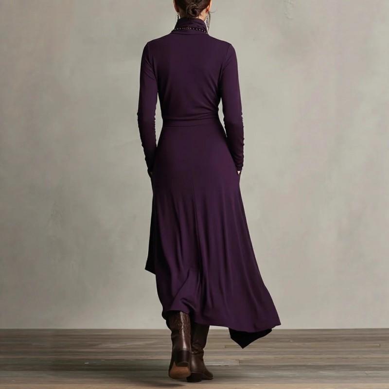 Womens Fall Long Dress Solid Color Cross High Neck Sleeve Loose A-Line Daily Wear