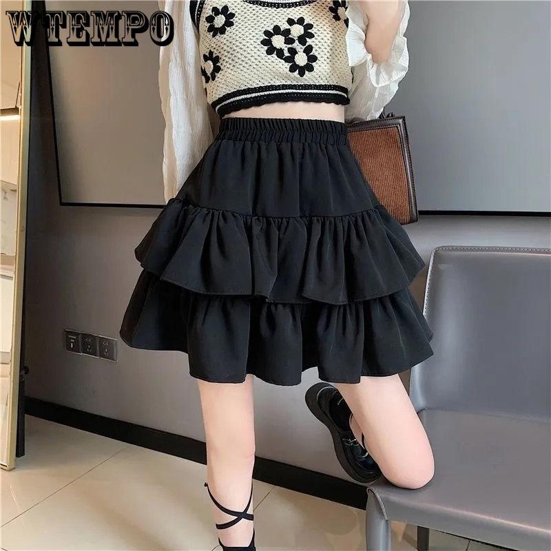 Black White Mini Skirts Women Spring Summer All-match Double Layer Cake Skirt Elastic High Waist Loose Ruffles Tutu Skirt