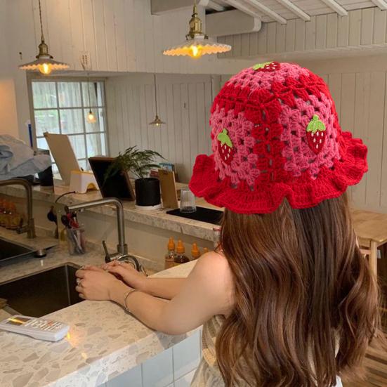 Мультяшная шерстяная шапка с аппликацией в виде вишневого гриба, вязаная шапка, полая, конфетного цвета, детский головной убор, ведро