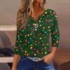 Women's Fashionable Casual Christmas Printed V-neck Three-quarter Sleeve Decorated Button Top