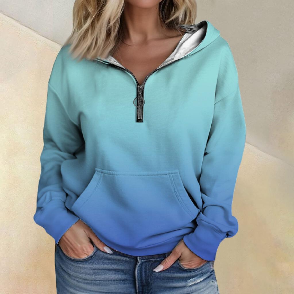 Women's Fashion Gradient Long Sleeved Loose Half Zippered Hoodie With Pockets