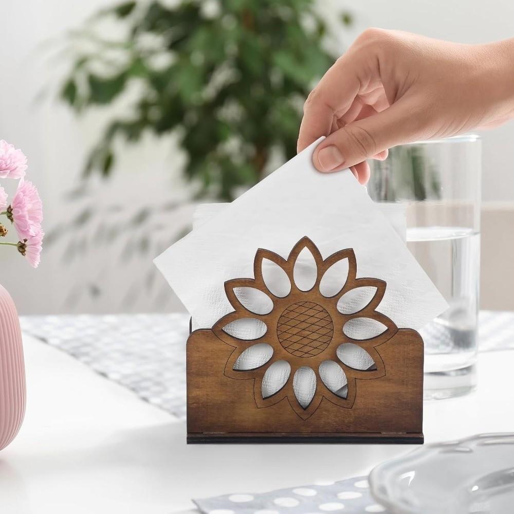 Sunflower Design Wooden Napkin Holder Retro Style Cocktail Table Tissue Dispenser Desktop Use
