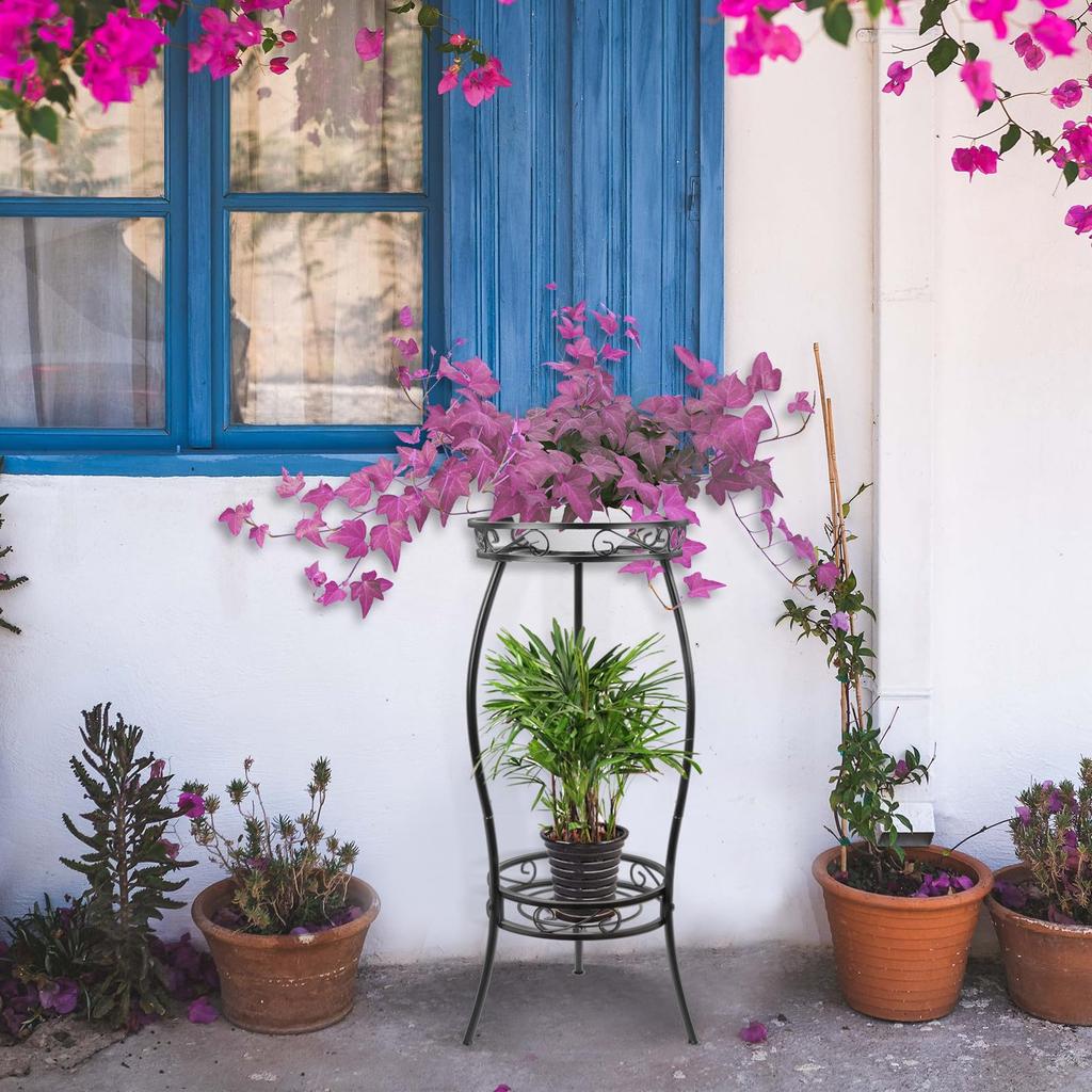 Цветок цветок 69см садоводство цветочный горшок черная подставка, для дома, 2-ярусная, полка, железо, высокая, стеллаж, дом, офис, сад, подставка, (черный)