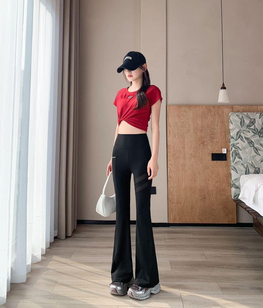 2025 Slim Fit Mesh Micro-Flare Pants with Pocket & Tummy Control