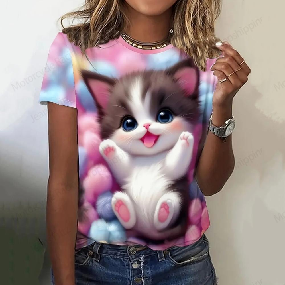 Футболка с милым рисунком кошки 3D-принтом, женская модная футболка большого размера с круглым вырезом и коротким рукавом, футболки, футболка Kawaii, футболка с изображением животных