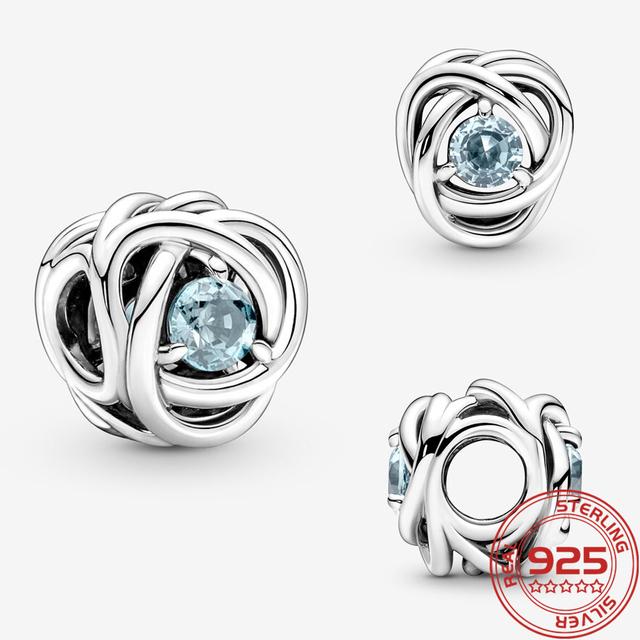 Fine 925 Silver October Pink Birthstone Eternity Circle Charm Fit Fashion Bracelet Silver Charm Necklace Girls Gifts DIY Jewelry